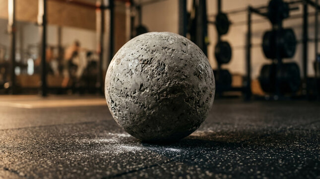 Heavy concrete atlas stone on a gym floor with chalk representing strength and fitness
