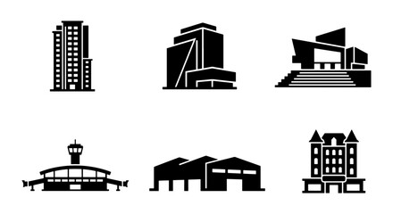 Obraz premium Modern Architecture Icons, Diverse Building Silhouettes, Urban Cityscape Elements, Commercial Property Graphics, Contemporary Design Set