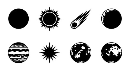 Cosmic Icons Set: Celestial Bodies, Planets, Sun, Meteor, Stars, Space Graphics, Astronomical Vector Illustrations for Science and Education © sakil