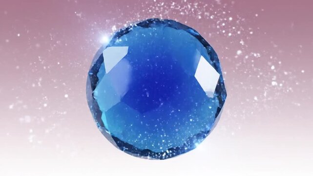 Macro round faceted blue sapphire gemstone centered on pink white gradient background with floating sparkling light particles and dust reflections.