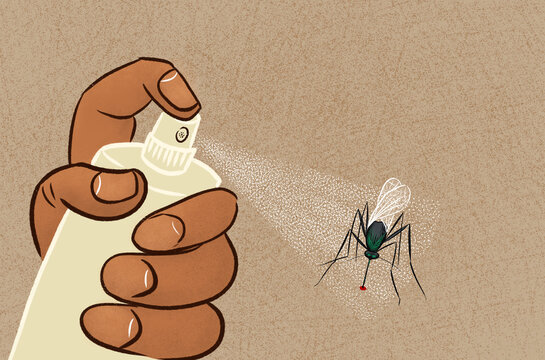Hand spraying mosquito repellent at a mosquito