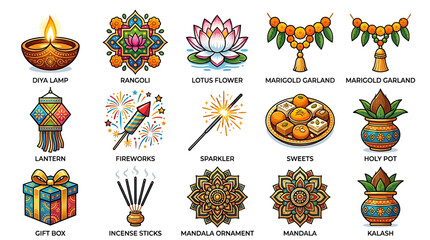 Fototapeta premium Vibrant Diwali celebration scene with diya lamp, rangoli, and marigold garland