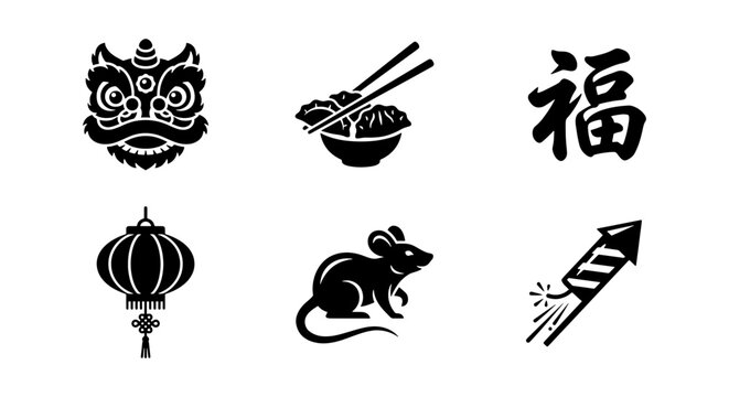 Chinese New Year Icons: Lion Dance, Noodles, Fortune Symbol, Lantern, Rat, Firecracker Vector Set