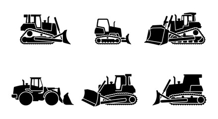 Bulldozer Icons Set, Construction Equipment Vector Graphics, Heavy Machinery Silhouettes for Industry and Engineering Projects © rahul