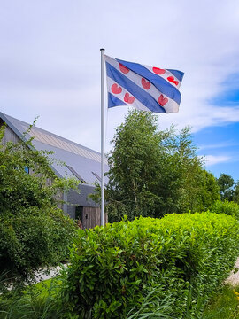 Frisian flag waves on a pole above a green garden beside a farmhouse in Friesland, Netherlands