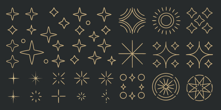 Gold star and sparkle pattern linear illustration on dark background