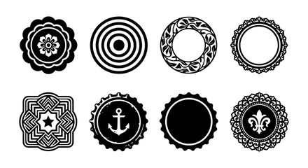 Vintage Emblem Collection, Retro Circular Badges, Ornate Seals, Nautical Anchor Icon, Fleur de Lis Emblem, Graphic Design Elements, Black and White Vector Set © safin