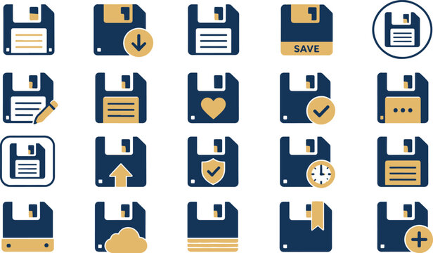 Collection of various floppy disk icons in blue and gold.