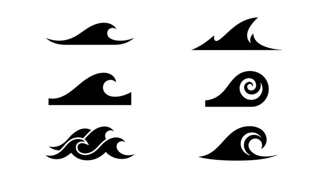 Set of six black wave icons, abstract ocean crests, stylized water symbols, simple marine graphic elements for design