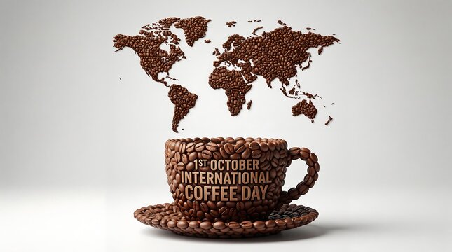 Creative world map made of coffee beans above cup with first october international coffee day text.