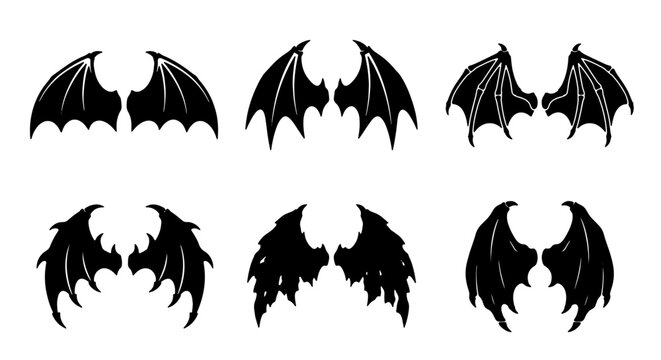 Set of 6 Black Dragon Wings Vector Icons, Gothic Fantasy Creature Wings, Devil Bat Wings Graphics, Spooky Halloween Elements, Mythical Creature Design Assets