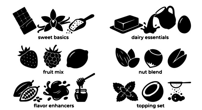 Baking Ingredients Icons Set: Sweet Basics, Dairy, Fruit, Nuts, Flavor Enhancers, Topping Elements, Vector Graphics for Culinary Design