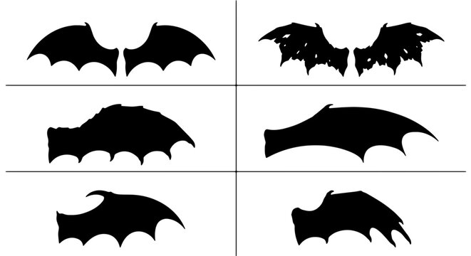 Set of 6 Black Bat Wings Silhouettes, Gothic Fantasy Creature Anatomy, Spooky Halloween Vector Graphics for Design