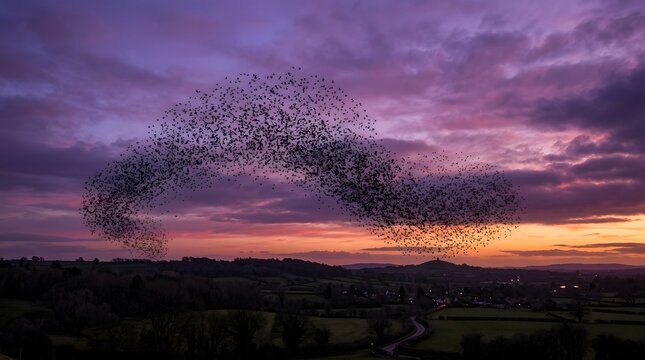A massive flock of starlings performs a mesmerizing murmurations display in the vibrant purple and orange twilight sky above a rolling countryside landscape at sunset hour