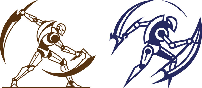 Futuristic robot warrior silhouette icons wielding dual scythe weapons in fighting stance