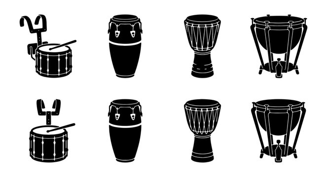 Set of 4 Black Silhouette Percussion Instruments, Drum Collection, Musical Equipment Icons, Rhythm and Beat Symbols