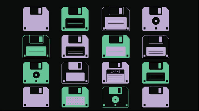 Collection of colorful floppy disks on.