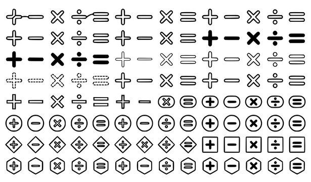 Plus Minus Multiply Divide Equal Mathematical Symbols Icon Set in Modern Minimal Outline Vector Style