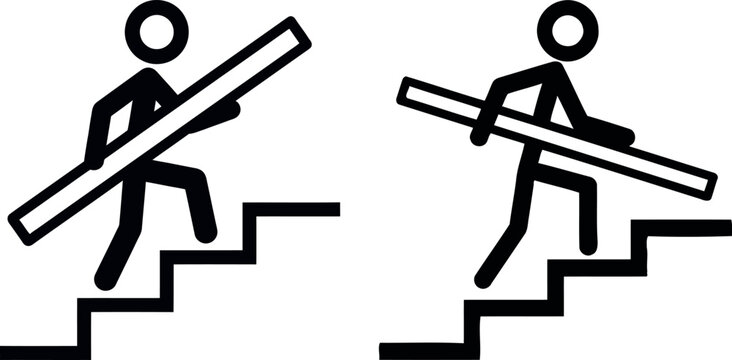 Stick figure characters carrying planks up stairs with upstairs construction progress difficulty