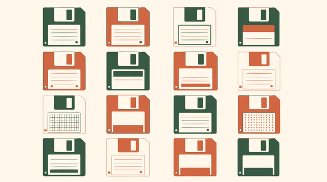 Collection of colorful floppy disks in green and orange.