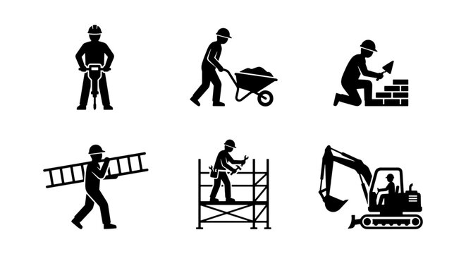Construction Worker Icons Set: Building, Masonry, Excavator, Ladder, Jackhammer, Scaffolding, Industrial Labor Vector Graphics