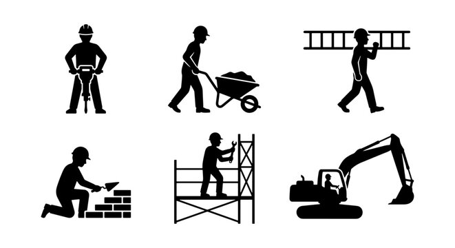 Construction Worker Icons, Building Industry Symbols, Manual Laborer Silhouettes, Heavy Machinery Graphics, Renovation and Repair Vector Set