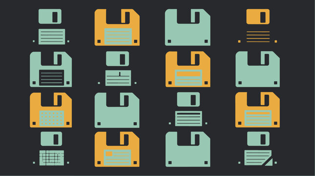 Collection of colorful floppy disk icons in various sizes and orientations.