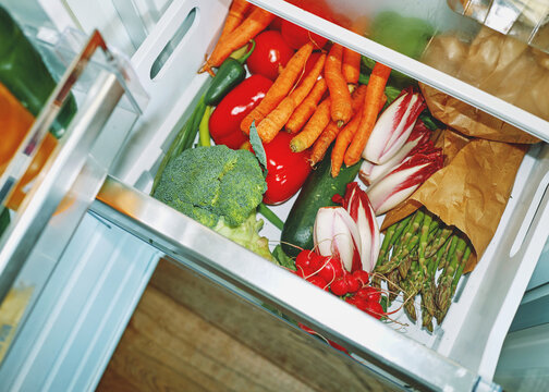 Fresh Vegetables Stored in Refrigerator Drawer for Healthy Meals