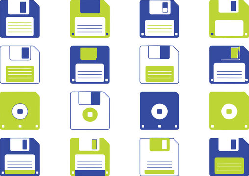 Collection of colorful floppy disk icons on.