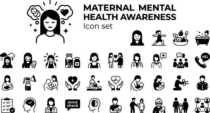 Maternal Mental Health Icon Set Postpartum Depression New Mother Support Vector Illustration