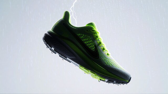 Neon green running shoe suspended in rain with lightning