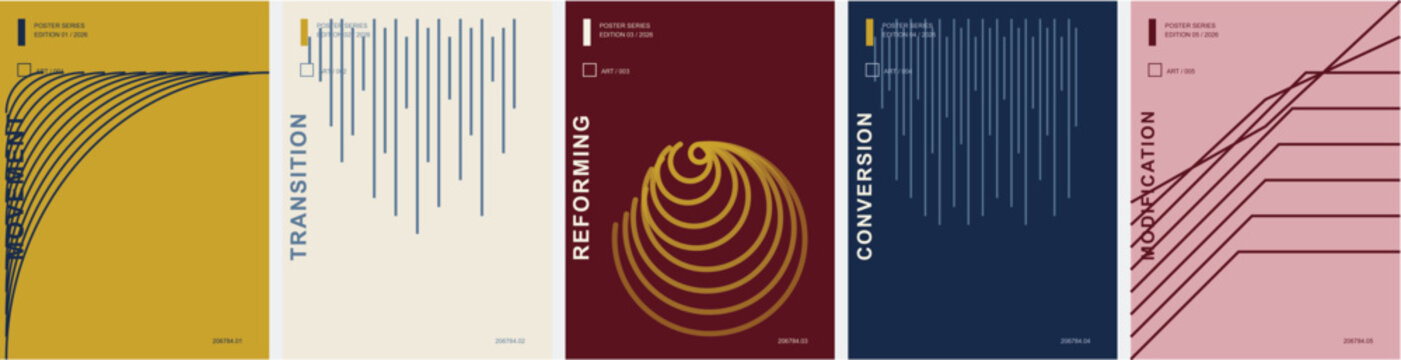 Minimalist geometric poster set with abstract line art, modern Swiss style book covers, 5 vector layouts for corporate branding and editorial design