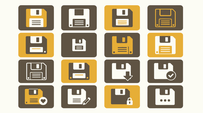 Collection of floppy disk icons in various colors and styles.