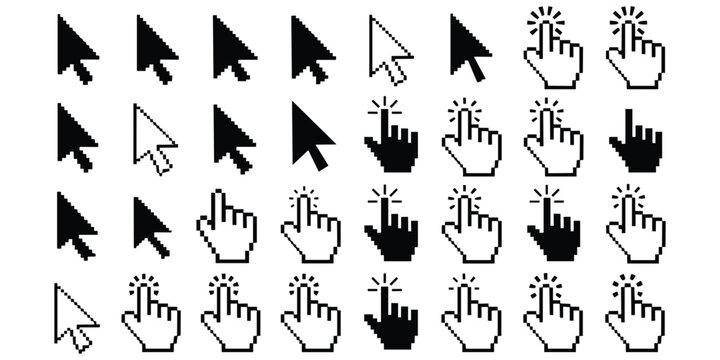 Pixel art computer cursor arrow and hand click icons set for retro digital interface navigation