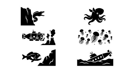 Fototapeta premium Ocean Exploration Icons: Submarine, Octopus, Jellyfish, Fish, Sea Monster, Volcano, Underwater Scenes, Vector Graphics