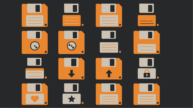 Collection of vintage orange floppy disks with various symbols.
