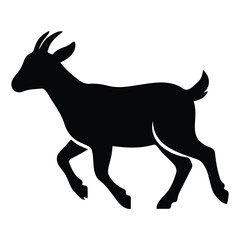 Fototapeta premium Black silhouette of a running goat, side view on white background, animal livestock