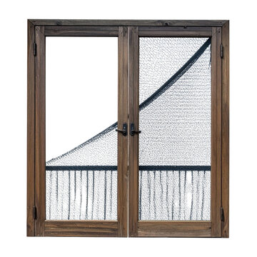 Damaged Wooden Window Frame with Torn Screen and Balcony View graphic design
