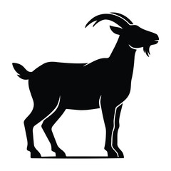 Fototapeta premium Black silhouette of a standing goat with curved horns, side profile view isolated on a white background
