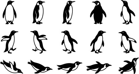 Penguin silhouettes vector set, antarctic bird icons, black flightless animal shapes, walking swimming diving poses, winter marine wildlife graphic elements.  © Ahsan
