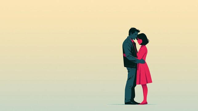 Romantic couple embracing on right with expansive cream gradient background