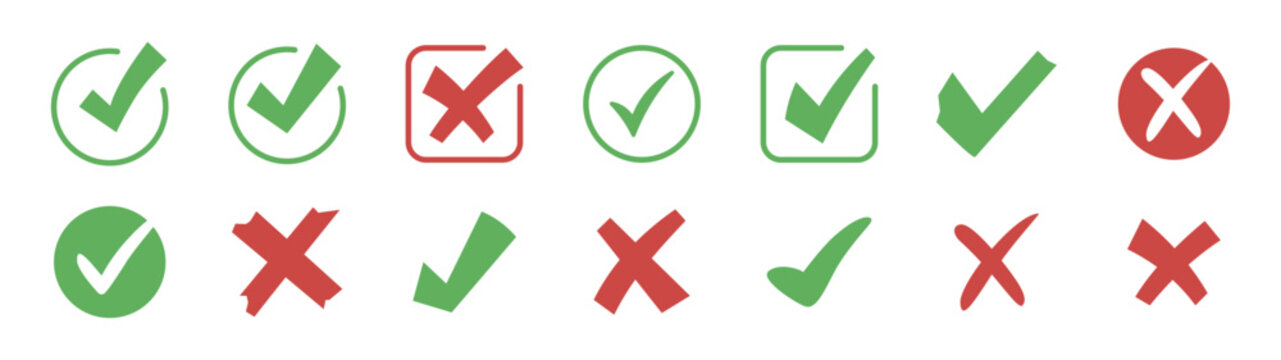 14 iconos de s&iacute;mbolos de verificaci&oacute;n para validaci&oacute;n que representan aprobaci&oacute;n, confirmaci&oacute;n y rechazo, estilo s&oacute;lido
