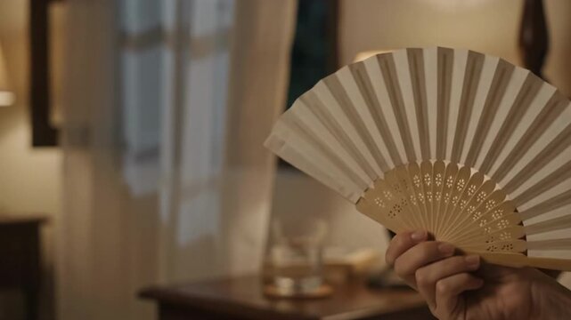 Hand Waving Folding Fan in Warm Bedroom on Summer Night