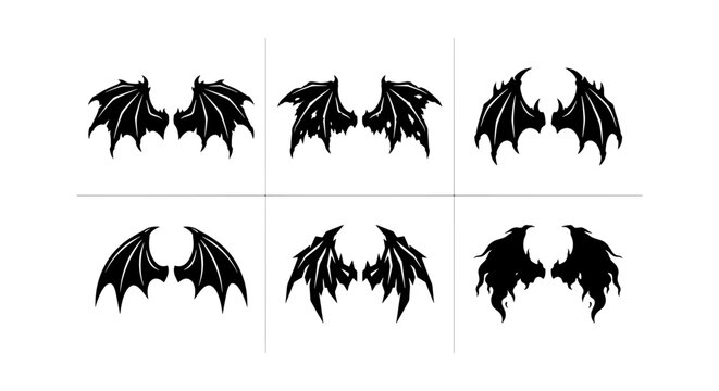 Six Black Bat Wings Vector Icons, Gothic Devil Wings Set, Fantasy Creature Emblems, Dark Angel Silhouette Graphics, Halloween Costume Elements, Spooky Decorative Accents