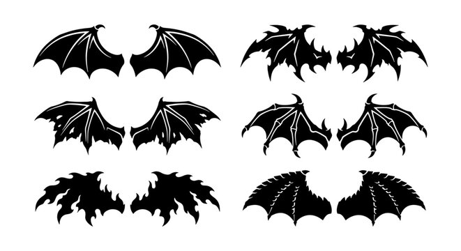 Gothic Dragon Wings Vector Set, Dark Fantasy Bat Wings Graphics, Spooky Devil Wings Icons, Mythical Creature Emblems, Black Silhouette Elements for Design