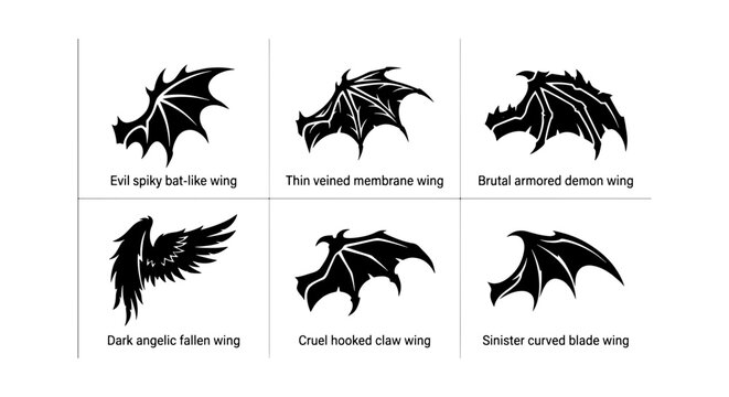 Fantasy Creature Wings Collection: Spiky Bat, Membrane, Armored Demon, Angelic Fallen, Hooked Claw, Curved Blade Vector Icons