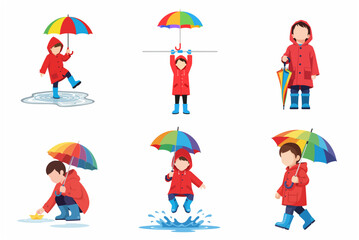 Fototapeta premium Set of vector illustrations of a child in a red raincoat and blue boots playing in the rain with a rainbow umbrella, jumping in puddles, and sailing a paper boat.