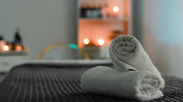 A massage parlor atmosphere for relaxation and well-being. A cozy, quiet room with a couch and towels for rest and recharge.