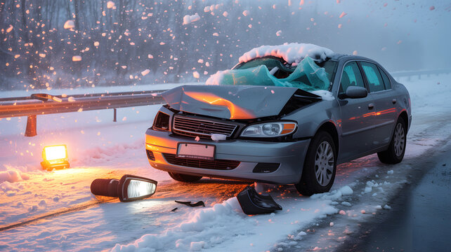 Damaged gray car on snowy road with broken windshield and headlights