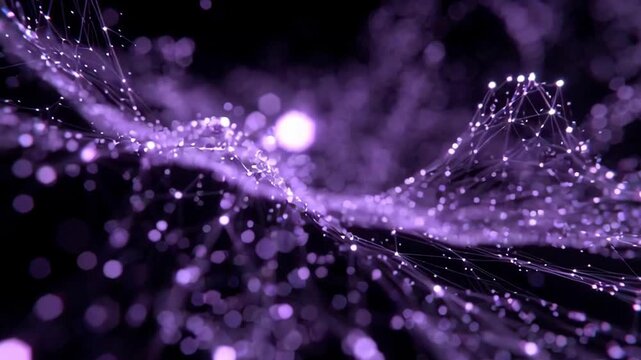 Glowing purple particles forming dynamic abstract lines in soft bokeh style on dark backdrop, concept of digital flow